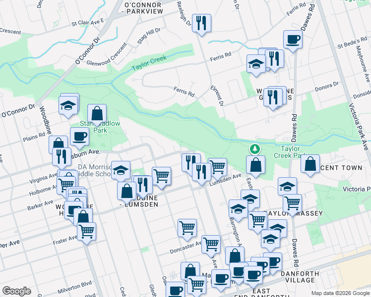 map of restaurants, bars, coffee shops, grocery stores, and more near 327 Chisholm Avenue in Toronto