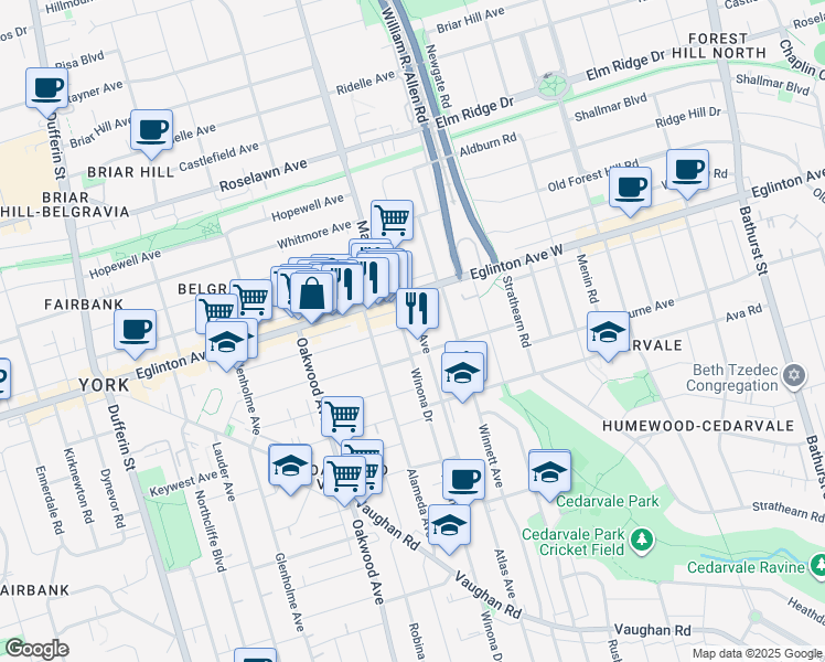 map of restaurants, bars, coffee shops, grocery stores, and more near in Toronto