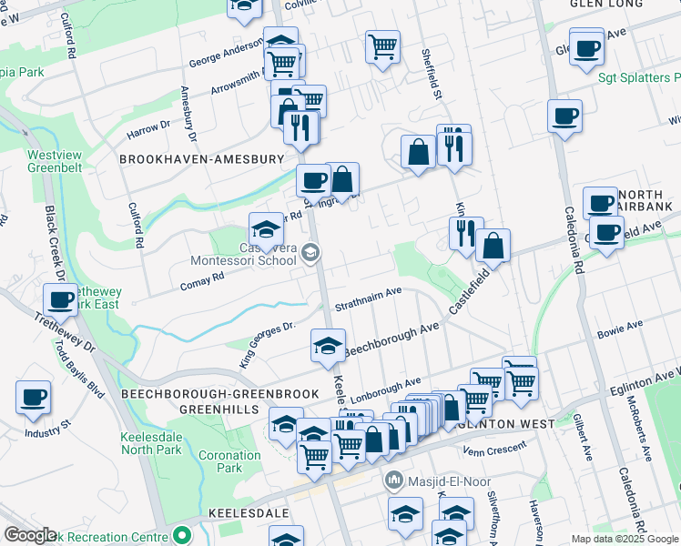 map of restaurants, bars, coffee shops, grocery stores, and more near 145 Canon Jackson Drive in Toronto