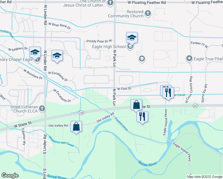 map of restaurants, bars, coffee shops, grocery stores, and more near 101 North Park Lane in Eagle