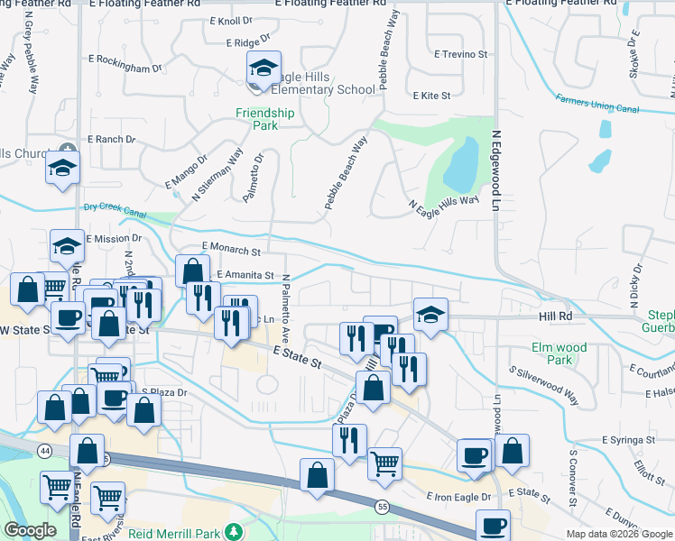 map of restaurants, bars, coffee shops, grocery stores, and more near 198 North Moraine Avenue in Eagle