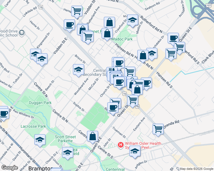 map of restaurants, bars, coffee shops, grocery stores, and more near 182 Church Street East in Brampton