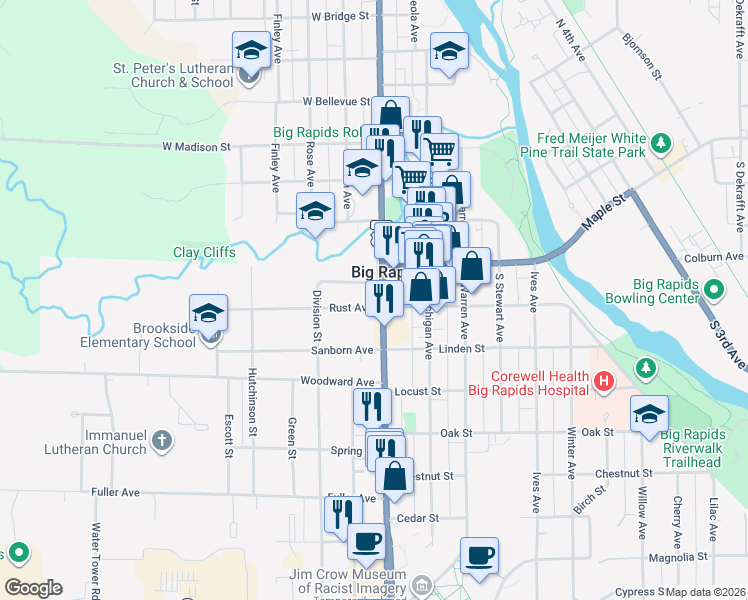 map of restaurants, bars, coffee shops, grocery stores, and more near 115 Rust Avenue in Big Rapids