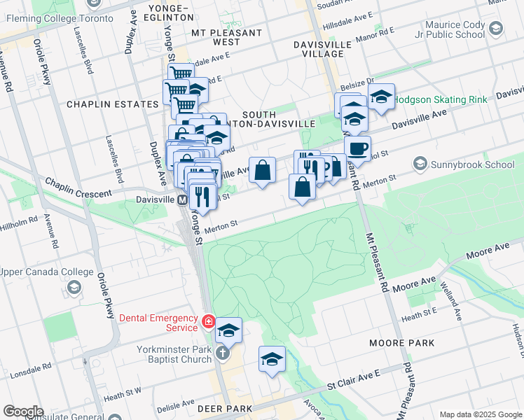 map of restaurants, bars, coffee shops, grocery stores, and more near 117 Merton Street in Toronto