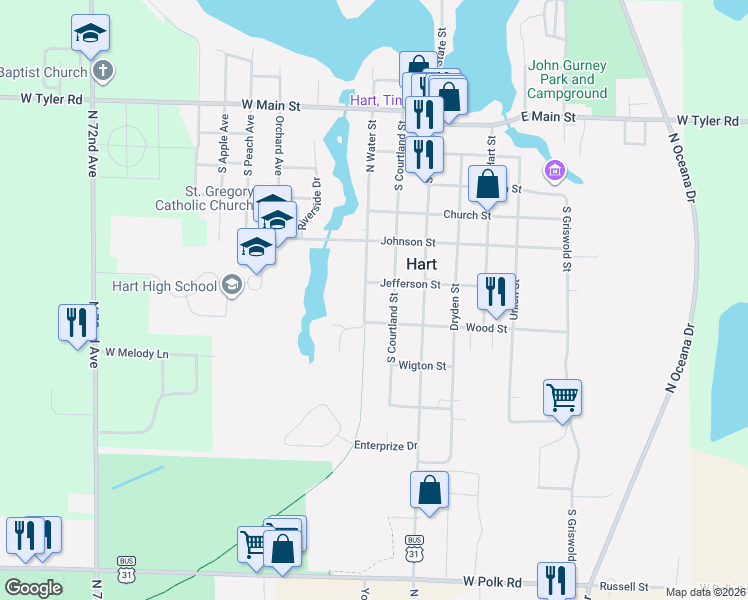map of restaurants, bars, coffee shops, grocery stores, and more near 603 South Courtland Street in Hart