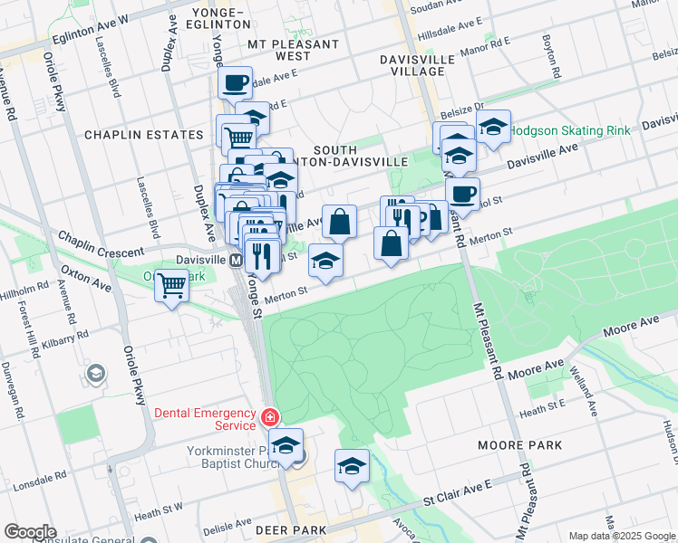 map of restaurants, bars, coffee shops, grocery stores, and more near 130 Merton Street in Toronto