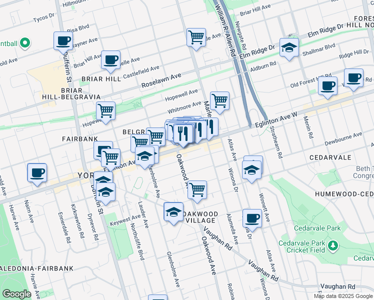map of restaurants, bars, coffee shops, grocery stores, and more near 1559B Eglinton Avenue West in Toronto