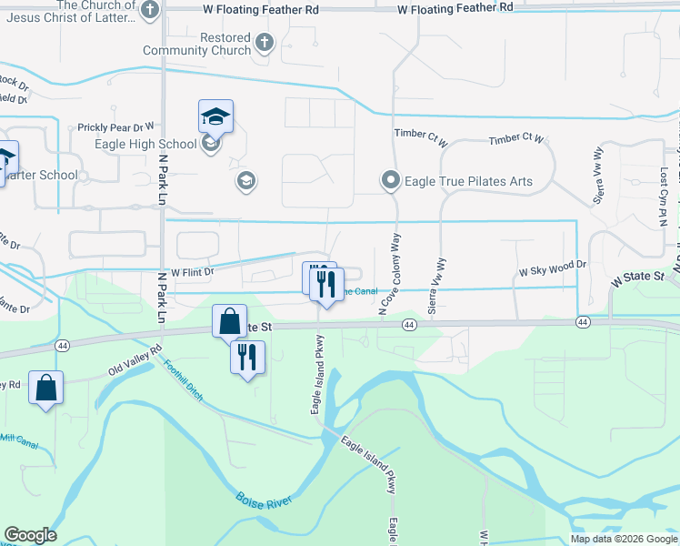 map of restaurants, bars, coffee shops, grocery stores, and more near 90 West Flint Drive in Eagle