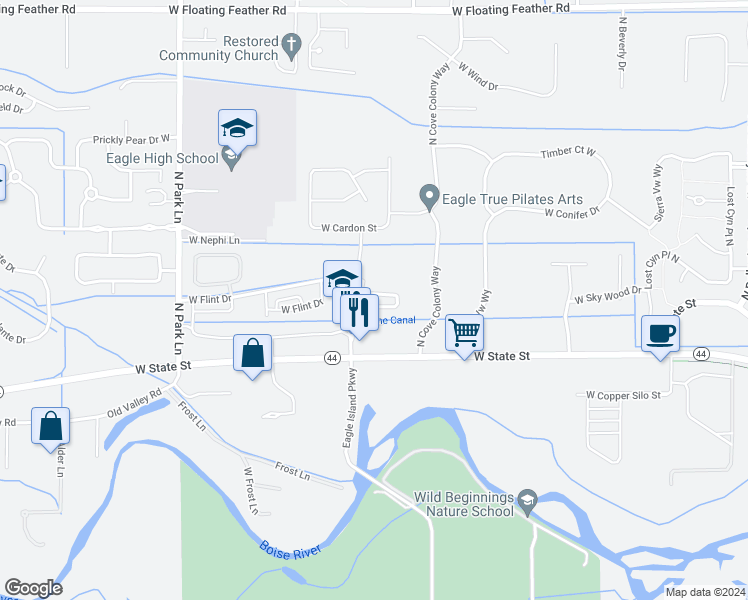 map of restaurants, bars, coffee shops, grocery stores, and more near 3351 West Sky Wood Lane in Eagle