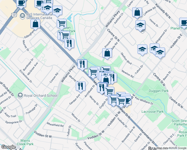 map of restaurants, bars, coffee shops, grocery stores, and more near 60 Tara Park Crescent in Brampton