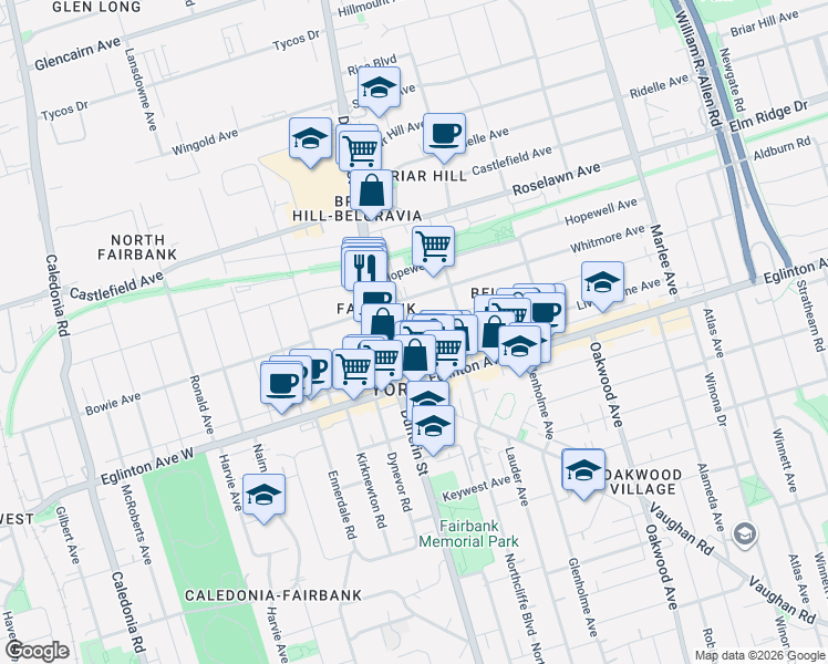 map of restaurants, bars, coffee shops, grocery stores, and more near 237 Belgravia Avenue in Toronto