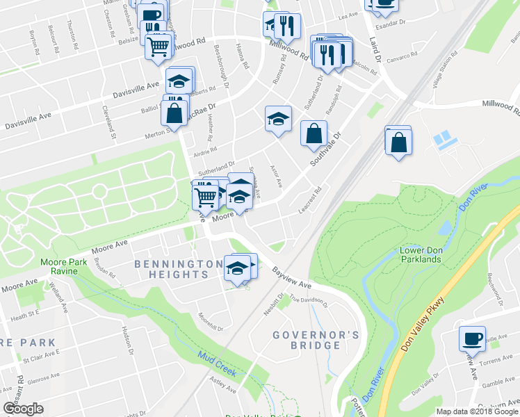 map of restaurants, bars, coffee shops, grocery stores, and more near 345 Moore Avenue in Toronto