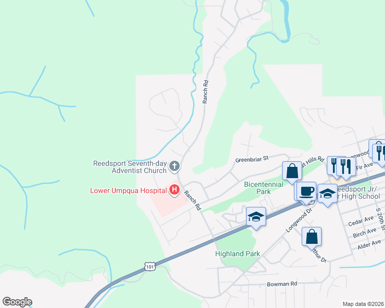 map of restaurants, bars, coffee shops, grocery stores, and more near 114 Providence Drive in Reedsport