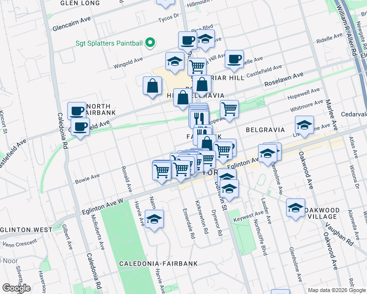 map of restaurants, bars, coffee shops, grocery stores, and more near in Toronto