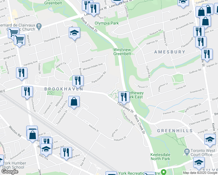 map of restaurants, bars, coffee shops, grocery stores, and more near 21-25 Martha Eaton Way in Toronto