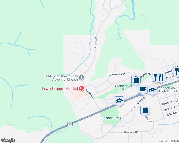 map of restaurants, bars, coffee shops, grocery stores, and more near 729 Ranch Road in Reedsport