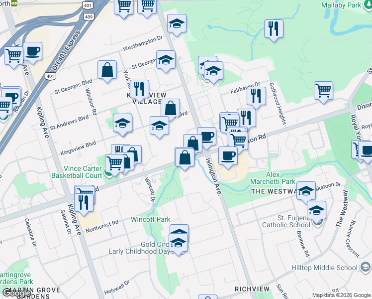 map of restaurants, bars, coffee shops, grocery stores, and more near 2000 Islington Avenue in Toronto