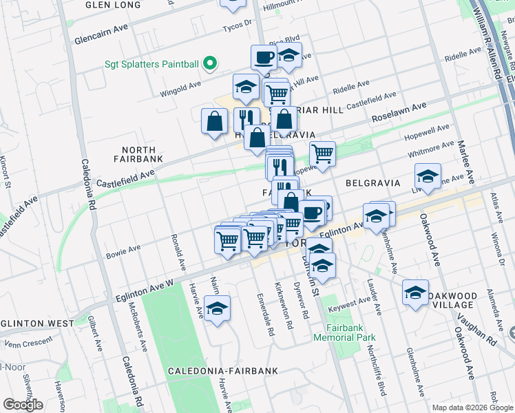 map of restaurants, bars, coffee shops, grocery stores, and more near 35A Bowie Avenue in Toronto