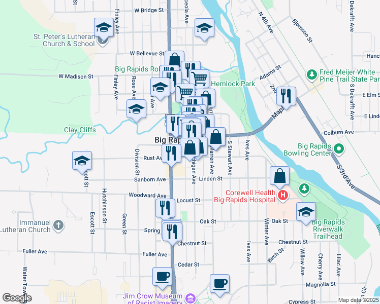 map of restaurants, bars, coffee shops, grocery stores, and more near 108 South Michigan Avenue in Big Rapids
