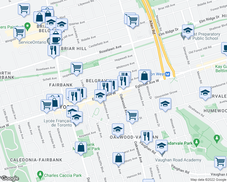 map of restaurants, bars, coffee shops, grocery stores, and more near 1606 Eglinton Avenue West in Toronto