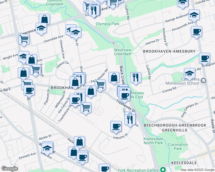 map of restaurants, bars, coffee shops, grocery stores, and more near 10 Martha Eaton Way in Toronto
