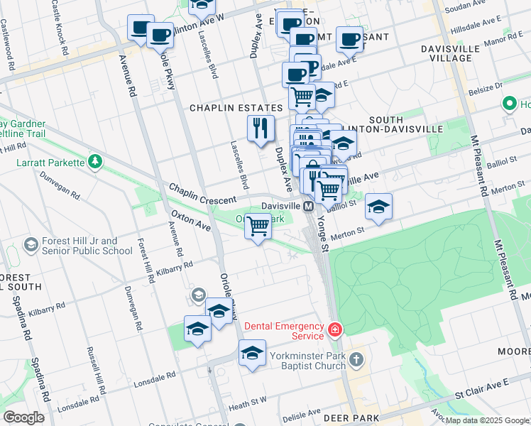 map of restaurants, bars, coffee shops, grocery stores, and more near 201 Oriole Parkway in Toronto