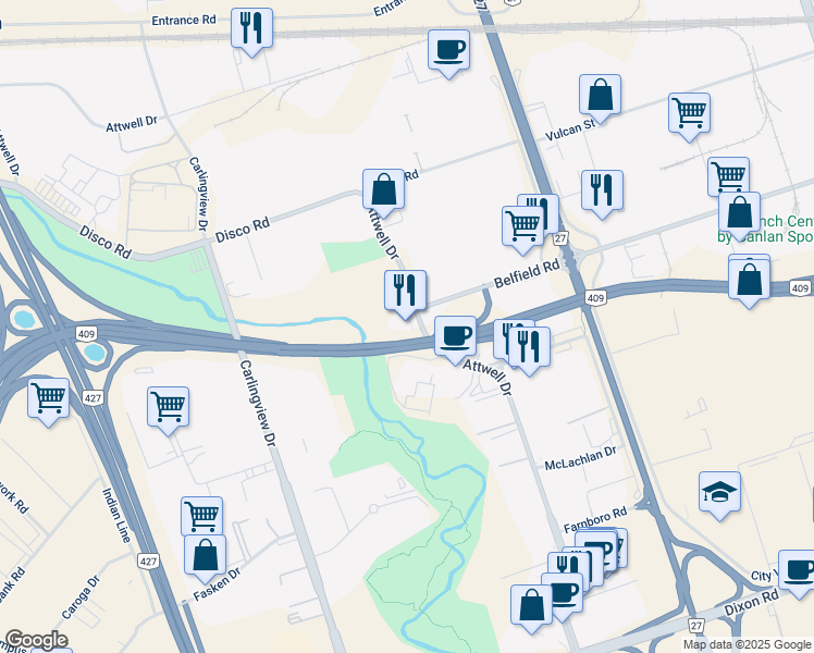 map of restaurants, bars, coffee shops, grocery stores, and more near 286 Attwell Drive in Toronto
