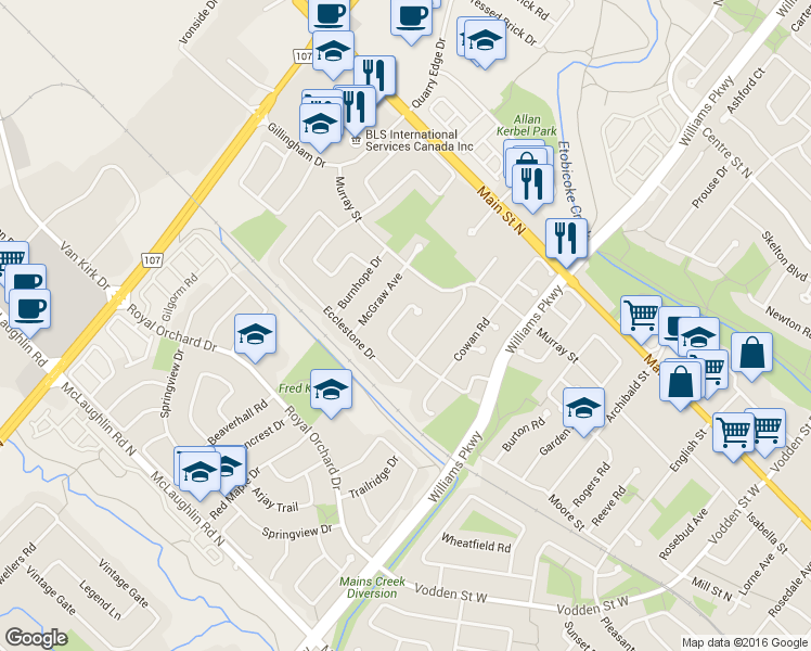 map of restaurants, bars, coffee shops, grocery stores, and more near 86 Clarridge Court in Brampton