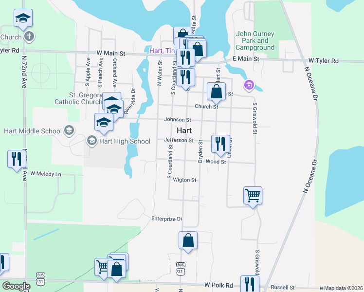 map of restaurants, bars, coffee shops, grocery stores, and more near in Hart