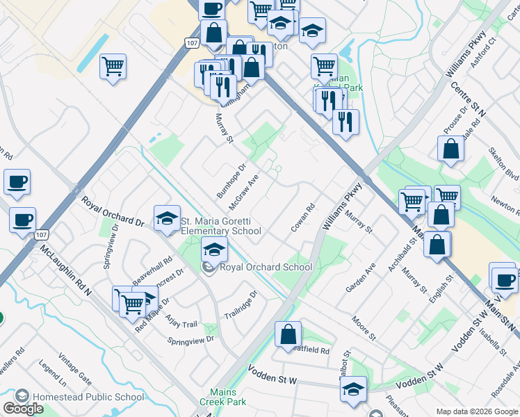 map of restaurants, bars, coffee shops, grocery stores, and more near 86 Clarridge Court in Brampton