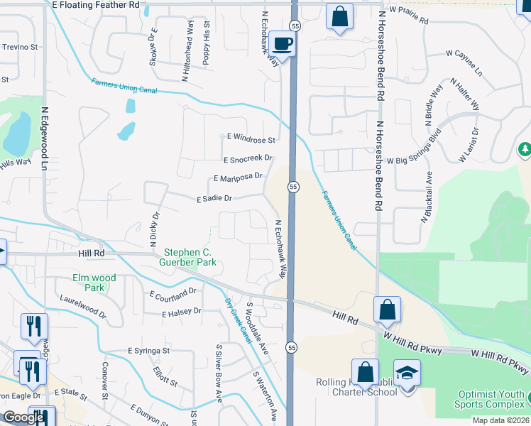 map of restaurants, bars, coffee shops, grocery stores, and more near 276 North Caracaras Way in Eagle