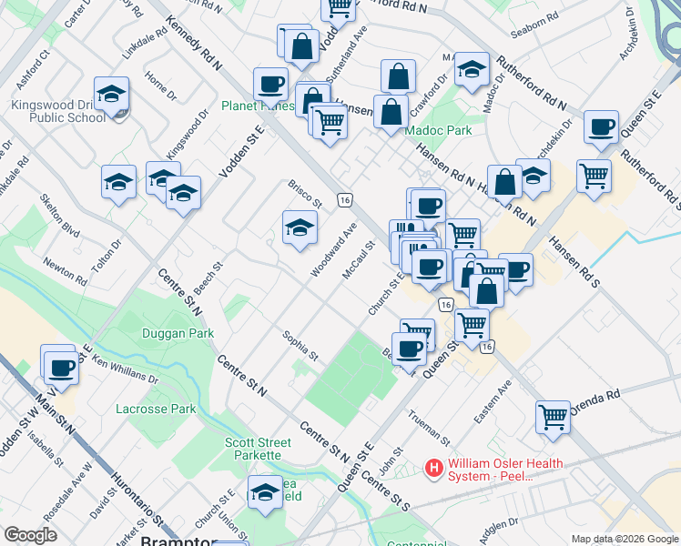 map of restaurants, bars, coffee shops, grocery stores, and more near 74 McCaul Street in Brampton