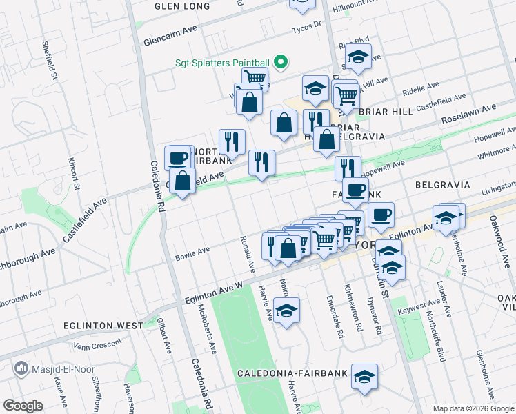 map of restaurants, bars, coffee shops, grocery stores, and more near 63 Chamberlain Avenue in Toronto