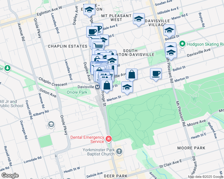 map of restaurants, bars, coffee shops, grocery stores, and more near 45 Balliol Street in Toronto