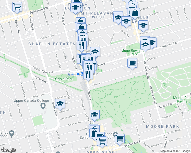 map of restaurants, bars, coffee shops, grocery stores, and more near 45 Balliol Street in Toronto