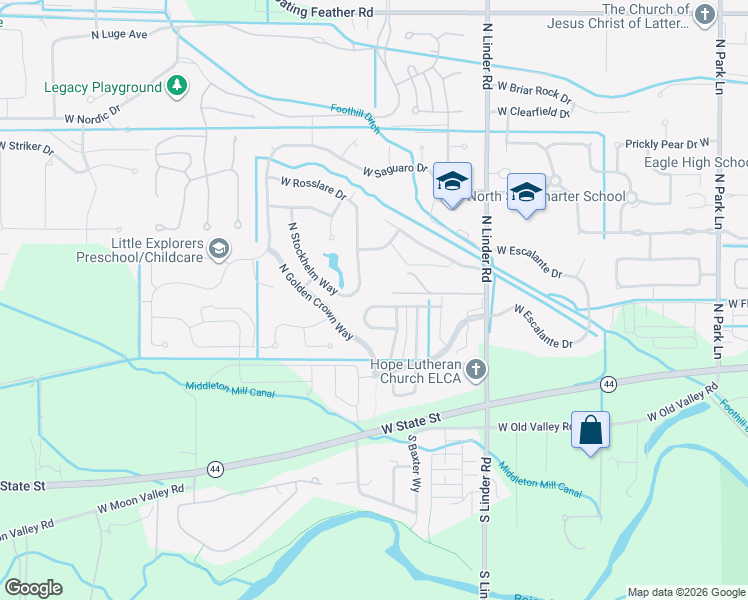 map of restaurants, bars, coffee shops, grocery stores, and more near 685 North Linder Road in Eagle
