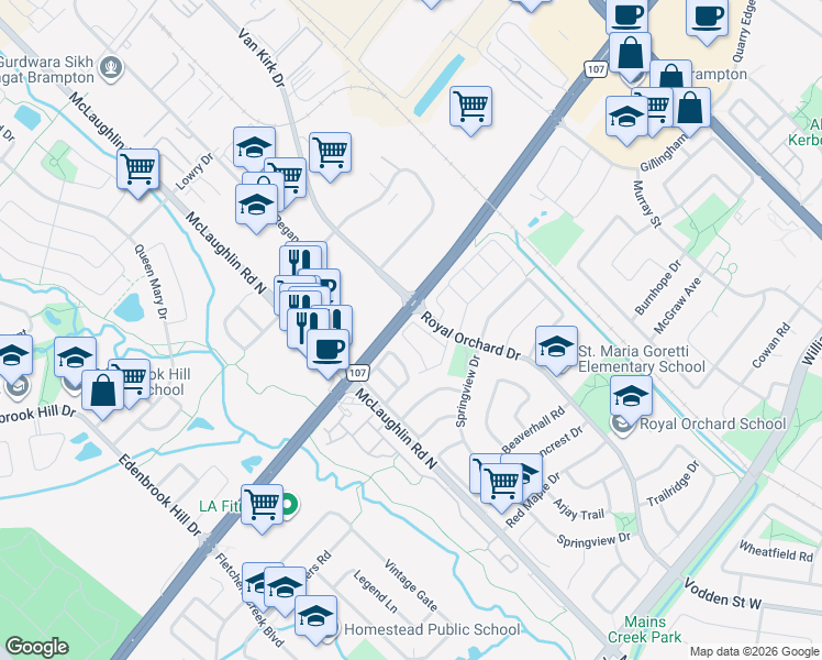 map of restaurants, bars, coffee shops, grocery stores, and more near in Brampton