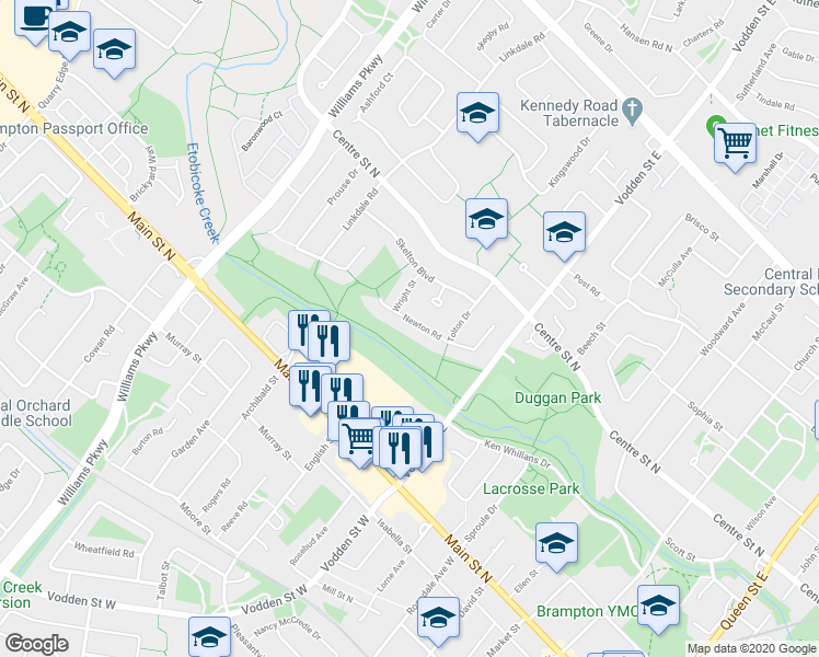 map of restaurants, bars, coffee shops, grocery stores, and more near 17 Newton Road in Brampton