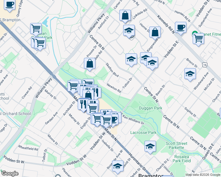 map of restaurants, bars, coffee shops, grocery stores, and more near 17 Newton Road in Brampton