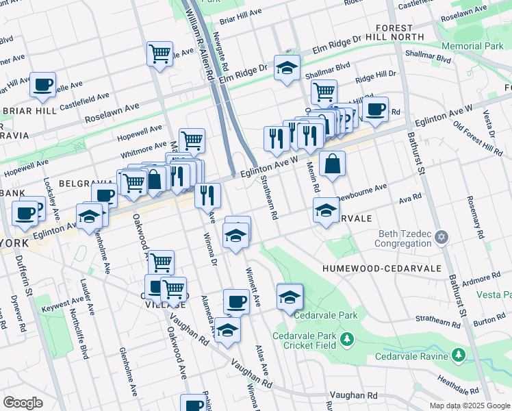 map of restaurants, bars, coffee shops, grocery stores, and more near in Toronto