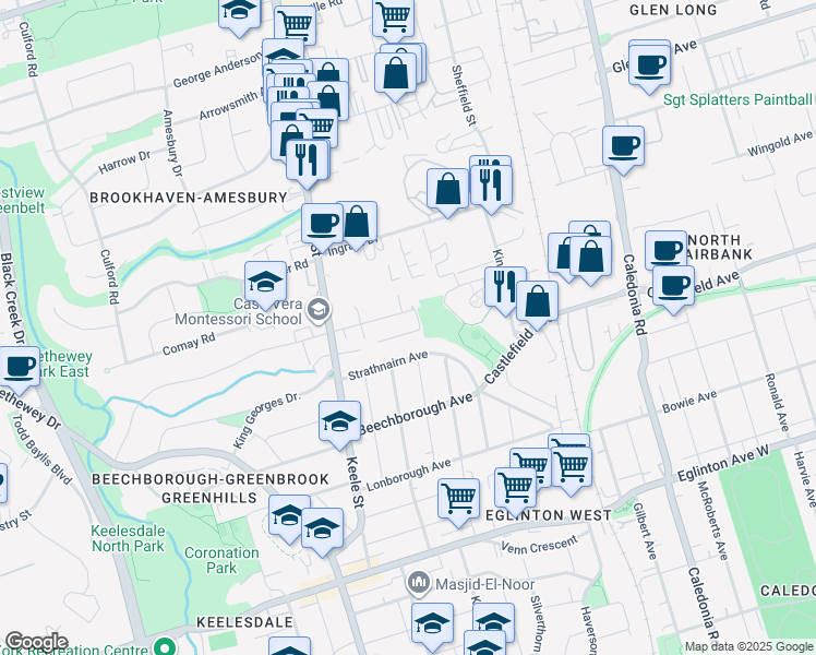 map of restaurants, bars, coffee shops, grocery stores, and more near in Toronto