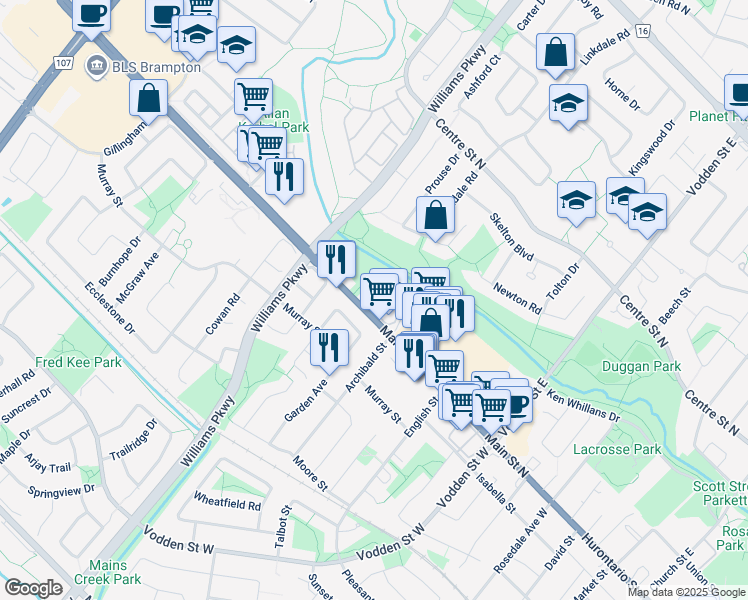 map of restaurants, bars, coffee shops, grocery stores, and more near in Brampton