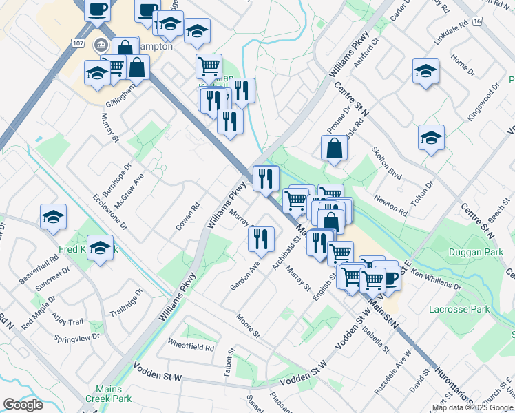 map of restaurants, bars, coffee shops, grocery stores, and more near 19 Slater Circle in Brampton