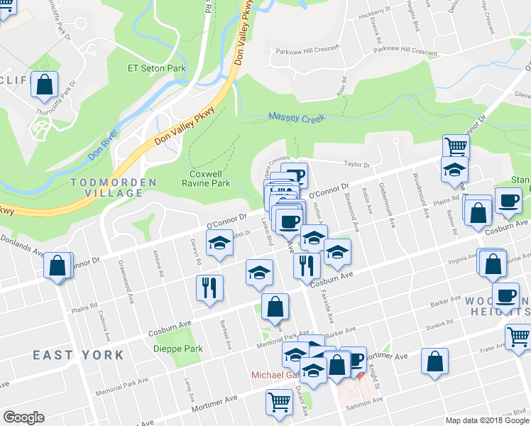 map of restaurants, bars, coffee shops, grocery stores, and more near 115 Lankin Boulevard in Toronto