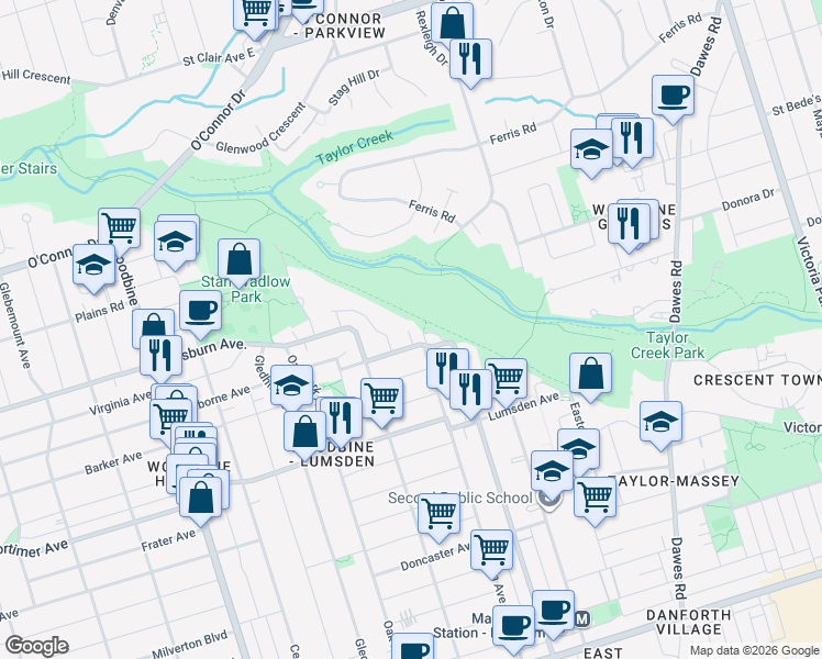 map of restaurants, bars, coffee shops, grocery stores, and more near 330 Chisholm Avenue in Toronto