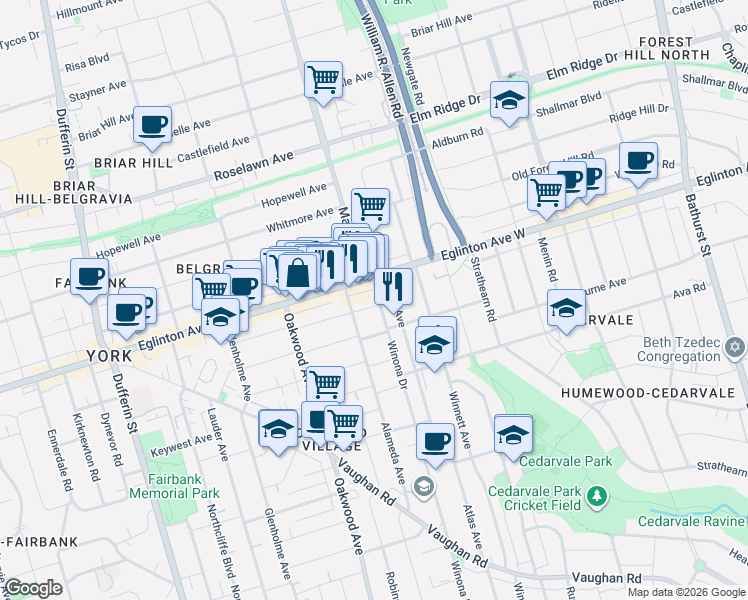 map of restaurants, bars, coffee shops, grocery stores, and more near 4 Lanark Avenue in Toronto