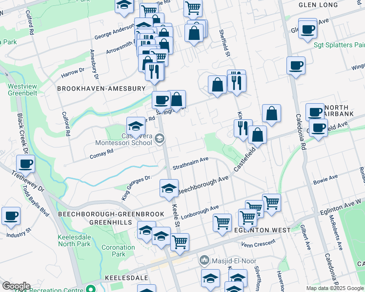 map of restaurants, bars, coffee shops, grocery stores, and more near 2175 Keele Street in Toronto
