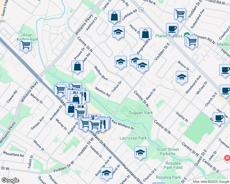 map of restaurants, bars, coffee shops, grocery stores, and more near 33 Tolton Drive in Brampton