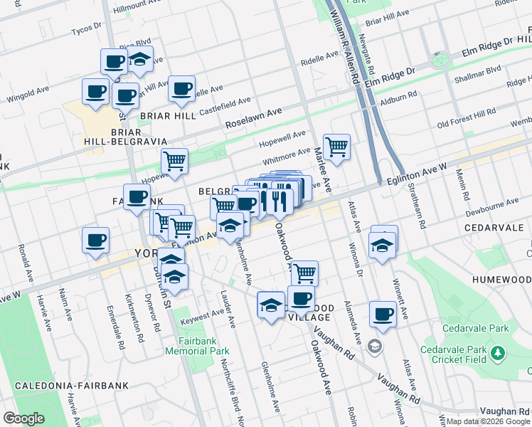 map of restaurants, bars, coffee shops, grocery stores, and more near 1598 Eglinton Avenue West in Toronto