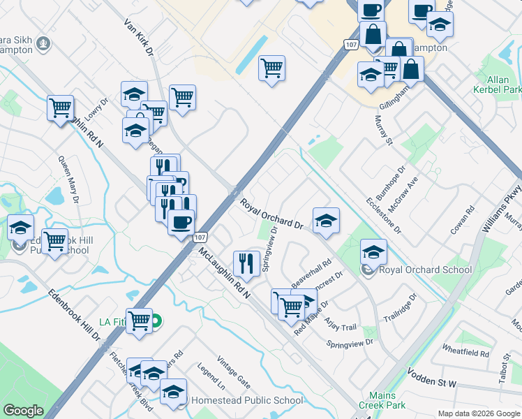 map of restaurants, bars, coffee shops, grocery stores, and more near 2 Gilgorm Road in Brampton